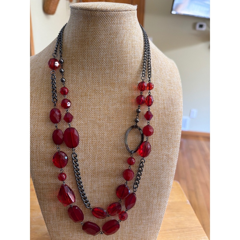 Ruby Red Faceted Bead Double Layer Necklace Gunmetal Chain Statement Chunky